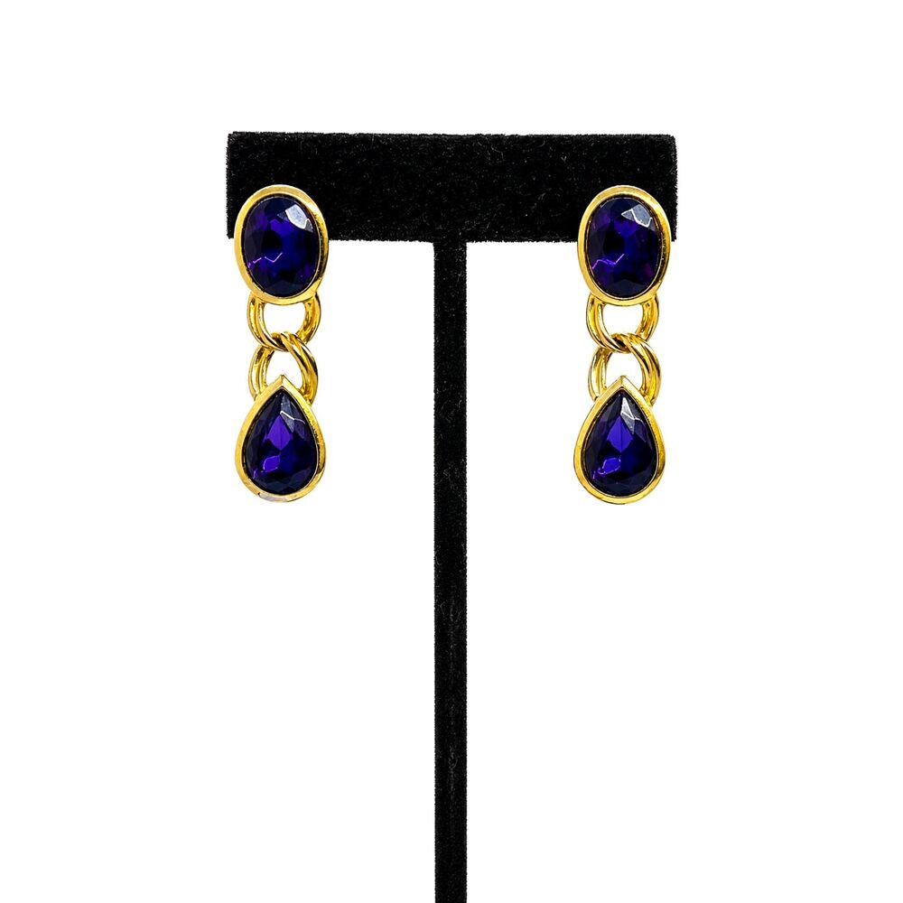 VINTAGE TRIFARI EARRINGS Purple Faceted Glass Gold Tone Dangle Chain Link